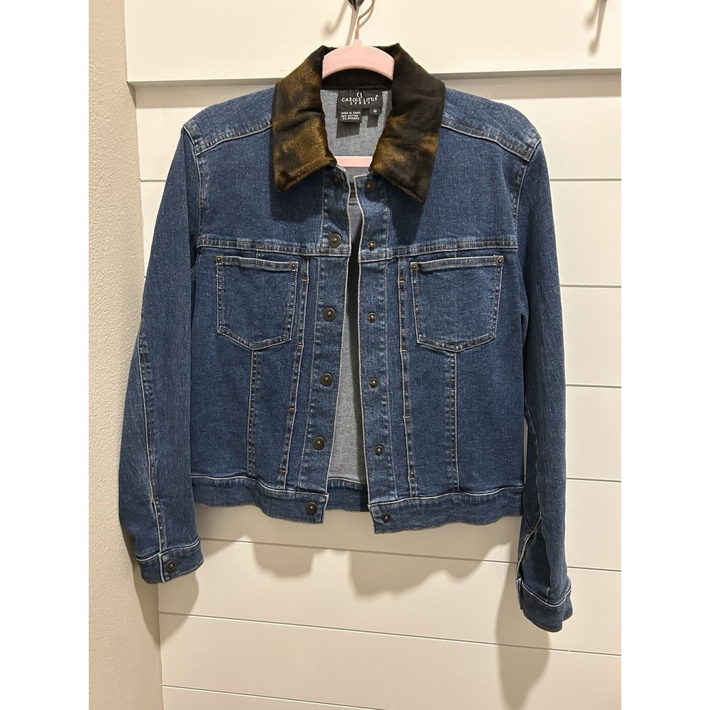Carole Little Sport Women's Denim Jacket Animal Print Collar Sz6 Modern Academia